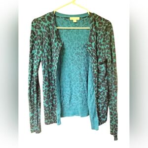 New York & Company Women's Blue Leopard Print Button-Up Long Sleeve Cardigan, M